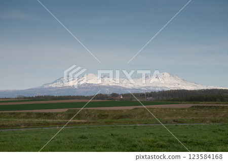 春天的田野和殘雪大雪山的山脈 春天的田野和殘雪大雪山的山脈 123584168