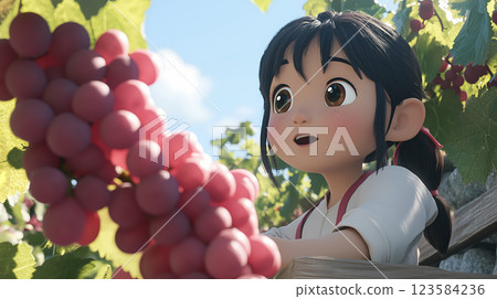 葡萄棚裡採葡萄的少女 123584236