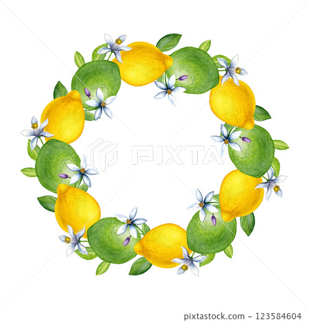 Wreath of lemons, limes and flowers. Watercolor of tropical fruits, leaves and flowers isolated on a white background. Good for postcards, recipes, menu, invitations, greeting cards. 123584604