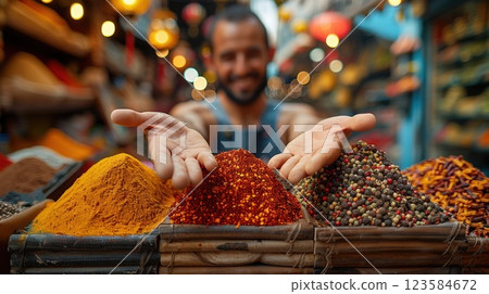 Vendor Displaying Colorful Assortment of Spices in a Vibrant Market Setting Vendor Displaying Colorful Assortment of Spices in a Vibrant Market Setting 123584672