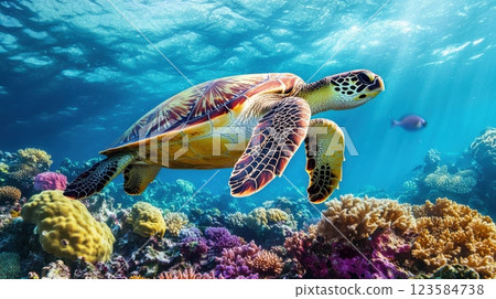 Majestic sea turtle gliding through a vibrant coral reef, showcasing detailed shell patterns amidst vivid marine life, turquoise ocean waters, serene and peaceful underwater scene with natural light 123584738
