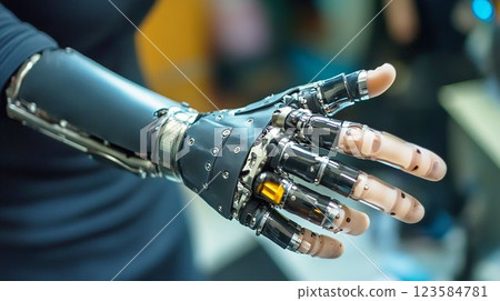 A hand wearing a futuristic prosthetic 123584781