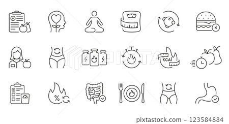 Health and Wellness Line Icon Set. Nutrition, Fitness, and Lifestyle Outline Symbol Collection. Editable Stroke. Isolated Vector Illustration Health and Wellness Line Icon Set. Nutrition, Fitness, and Lifestyle Outline Symbol Collection. Editable Stroke. Isolated Vector Illustration 123584884