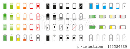 Battery Status Icon Set. Battery Charge Levels Silhouette Symbol Collection. Isolated Vector Illustration 123584889