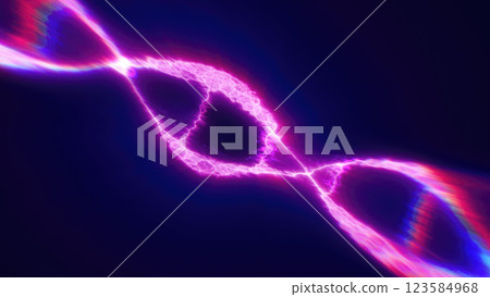 Glowing neon DNA helix with electric energy flowing through its structure against a dark background Glowing neon DNA helix with electric energy flowing through its structure against a dark background 123584968