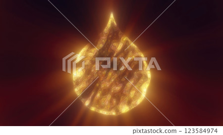 Fiery glowing droplet with swirling golden textures on a dark red background, symbolizing heat, energy, and transformation 123584974