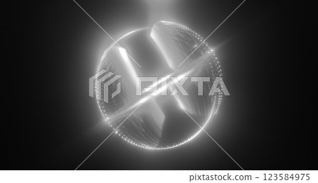 A futuristic black and white glowing sphere made of intricate light lines, floating in a dark, mysterious background, symbolizing technology and digital abstraction 123584975