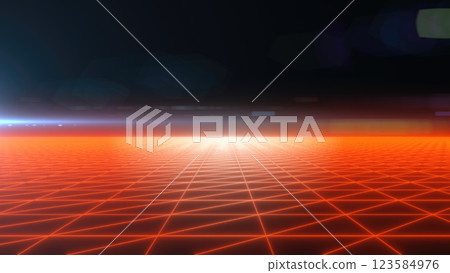 A futuristic digital grid landscape with a glowing red horizon and dark background, evoking retro sci-fi aesthetics A futuristic digital grid landscape with a glowing red horizon and dark background, evoking retro sci-fi aesthetics 123584976