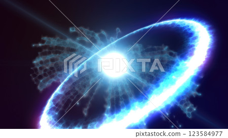 Bright white energy ring with electric texture on a blue gradient background. Futuristic and abstract digital art concept 123584977