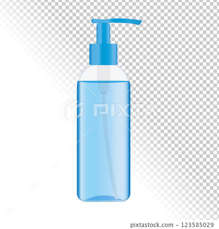 Dispenser bottle with cleansing gel isolated on transparent background. Plastic pump bottle with a blue liquid inside. Vector illustration Dispenser bottle with cleansing gel isolated on transparent background. Plastic pump bottle with a blue liquid inside. Vector illustration 123585029