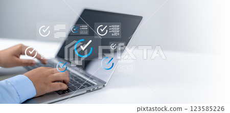 Audit business concept, Checklist and filling survey form online, Compliance with internal organization financial services regulation, Examination for business and financial management system. 123585226