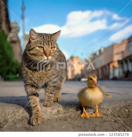 A cat walking around town with a duckling A cat walking around town with a duckling 123585278