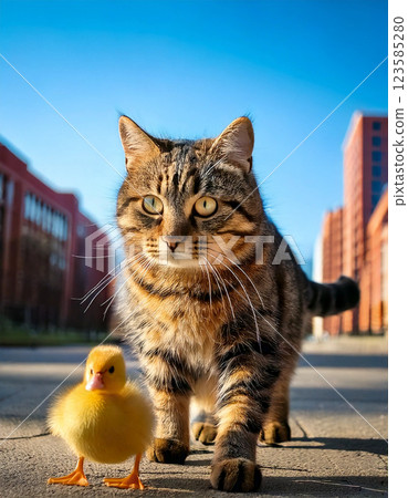 A cat walking around town with a duckling A cat walking around town with a duckling 123585280