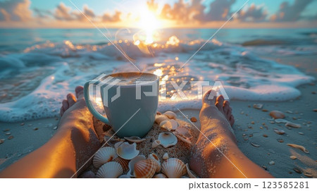 Relaxing Morning with Coffee by the Ocean During Sunrise 123585281