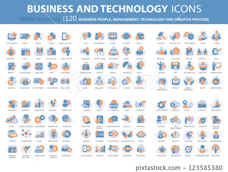 Business people, management and technology icons set. Businessman icons collection. Teamwork, human resources, meeting, partnership, work group, success, resume, creative process 123585380