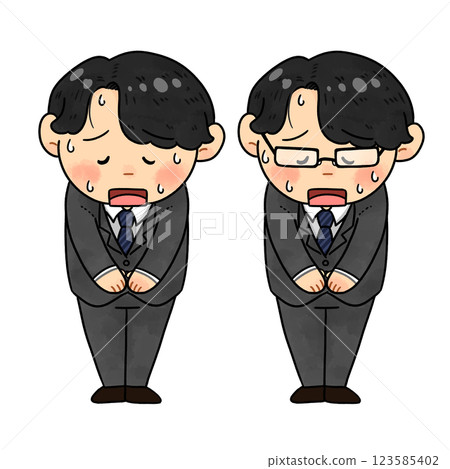 Illustration set of a businessman apologizing in a suit and bowing [full body] 1 123585402