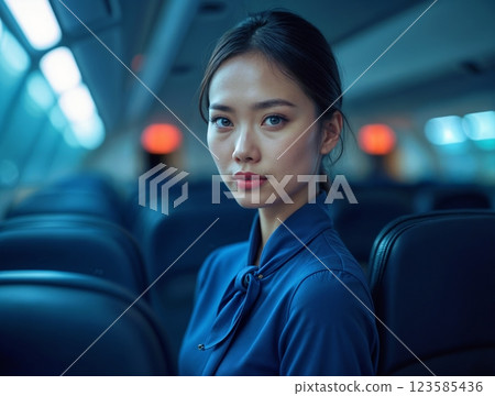 Young woman in a blue blouse sits alone on a train during twilight hours 123585436