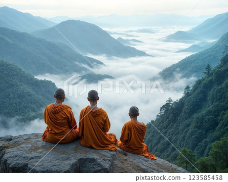 Monks enjoying tranquil mountain view with misty valleys at dawn in Southeast Asia 123585458