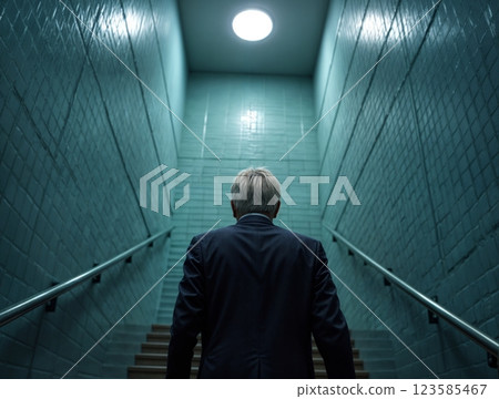 Man ascending a staircase in a dimly lit corridor with a bright circular light above 123585467