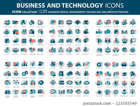 Business people, management and technology icons set. Businessman icons collection. Teamwork, human resources, meeting, partnership, work group, success, resume, creative process 123585549