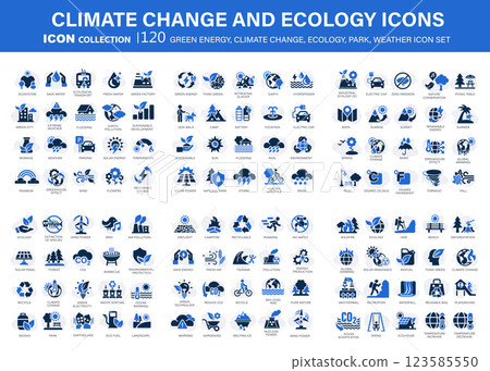 Climate change, ecology, green energy, park and weather 120 icon set. Containing global warming, renewable energy, greenhouse, melting ice, earth pollution, outdoor activity. Flat vector illustration Climate change, ecology, green energy, park and weather 120 icon set. Containing global warming, renewable energy, greenhouse, melting ice, earth pollution, outdoor activity. Flat vector illustration 123585550