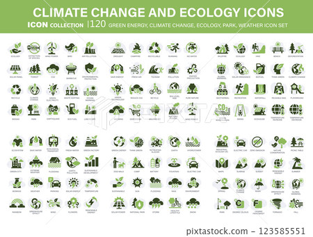 Climate change, ecology, green energy, park and weather 120 icon set. Containing global warming, renewable energy, greenhouse, melting ice, earth pollution, outdoor activity. Flat vector illustration Climate change, ecology, green energy, park and weather 120 icon set. Containing global warming, renewable energy, greenhouse, melting ice, earth pollution, outdoor activity. Flat vector illustration 123585551