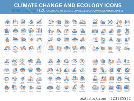 Climate change, ecology, green energy, park and weather 120 icon set. Containing global warming, renewable energy, greenhouse, melting ice, earth pollution, outdoor activity. Flat vector illustration 123585552