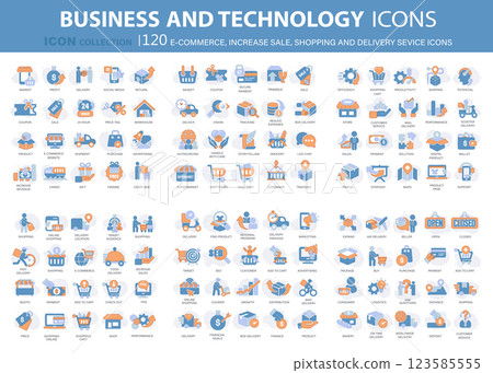 120 E-commerce, increase sale, on line shopping and digital finances icon collection. Flat vector illustration 123585555