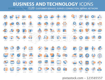 120 business and technology icon set for customer service, survey, connection, repair, network. Flat vector illustration 123585557