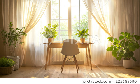 Bright, airy home office with natural light pouring through window. Workspace with minimalist and biophilic design, simple oak desk and ergonomic chair. Lush green plants add nature and freshness 123585590