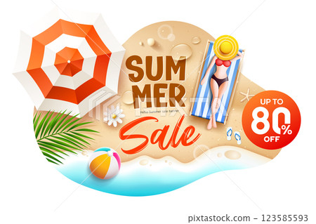 Summer sale, Beach umbrella, Woman sunbathing on sand beach, poster flyer design background Summer sale, Beach umbrella, Woman sunbathing on sand beach, poster flyer design background 123585593