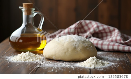 Dough preparation on a wooden surface with oil and flour in a rustic kitchen 123585678