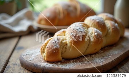 Freshly baked braided bread on a wooden board with sprinkled flour 123585679