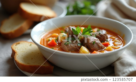 Cawl from Wales with vegetables and bread served in a rustic setting 123585707