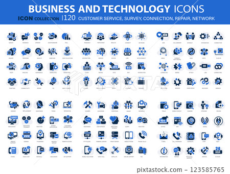 120 business and technology icon set for customer service, survey, connection, repair, network. Flat vector illustration 120 business and technology icon set for customer service, survey, connection, repair, network. Flat vector illustration 123585765