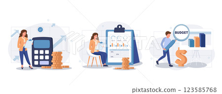 Analyzing budget concept isolated person situations. Collection of scenes with people do financial accounting, calculate statistics, earnings increase. Mega set. Vector illustration in flat design Analyzing budget concept isolated person situations. Collection of scenes with people do financial accounting, calculate statistics, earnings increase. Mega set. Vector illustration in flat design 123585768