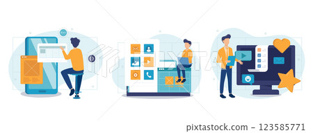 App development concept set. Developers write code, testing, create page layout. People isolated scenes in flat design. Vector illustration for blogging, website, mobile app, promotional materials. 123585771