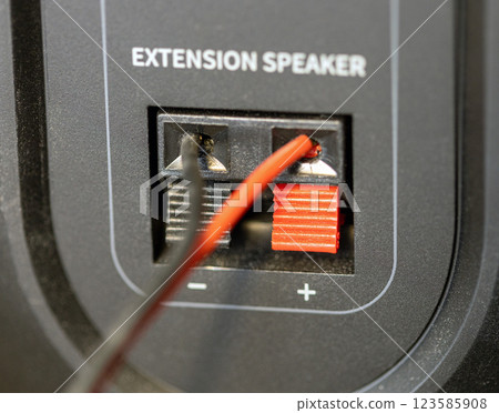 Close-up of a black and red speaker terminal, connected by a black and red wire. Close-up of a black and red speaker terminal, connected by a black and red wire. 123585908
