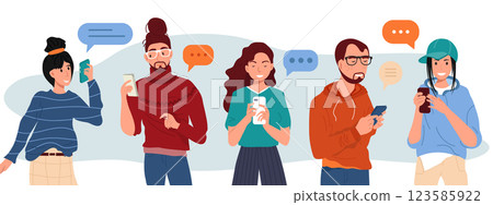 Young Fashionable People Looking on Smartphones and Chatting. Happy Boys and Girls talking and typing on Phone. Female and Male Characters collection. Flat Cartoon Vector Illustration. 123585922