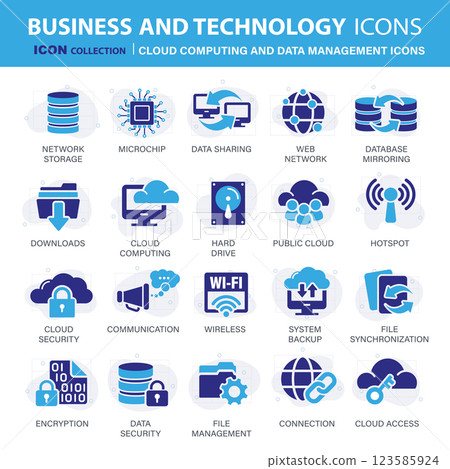 Business, cloud, technology icon set. Cloud computing and data management icon set. Icons vector collection 123585924