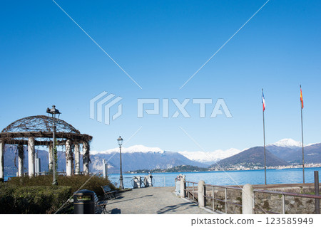Lakeshore at Laveno Monbello, Italy. No people, sunny day 123585949