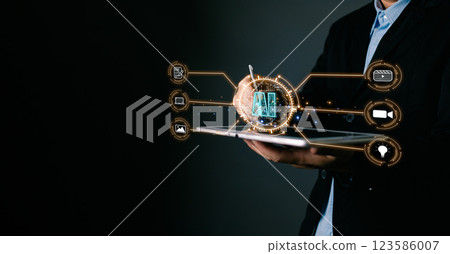 Content creation and online marketing strategies to grow their digital business. analyze media video streaming. Man touch icon ai, Marketers education, research. 123586007