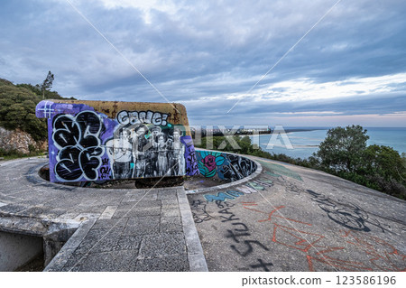 Troia , Portugal - Mar 01, 2025: 7th Battery of the Outao Coastal Artillery Regiment in Troia, Portugal. 123586196