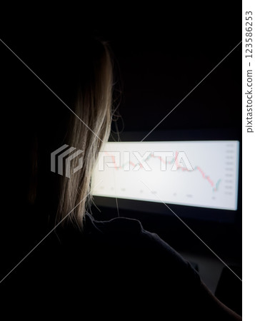 Trader girl from back during night trading session. Girl studies purchase schedule and invests money in modern financial instruments. Investing in cryptocurrency based on chart and price 123586253