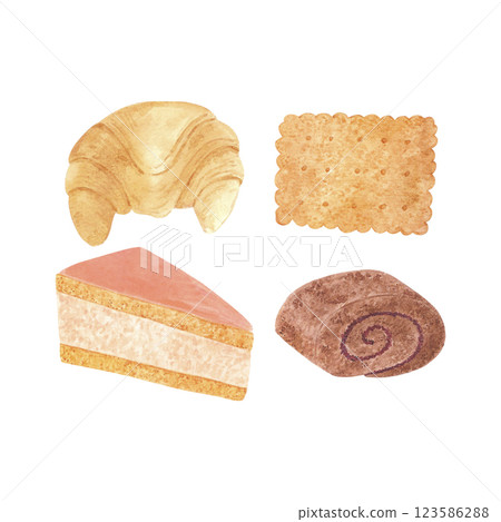 Hand drawn watercolor set of bakery. Illustration of food isolated on white background. Can be used for postcard, label, scrapbook and other printed products. Hand drawn watercolor set of bakery. Illustration of food isolated on white background. Can be used for postcard, label, scrapbook and other printed products. 123586288