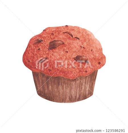 Hand drawn watercolor cupcake. Illustration of food isolated on white background. Can be used for postcard, label, scrapbook and other printed products. 123586291