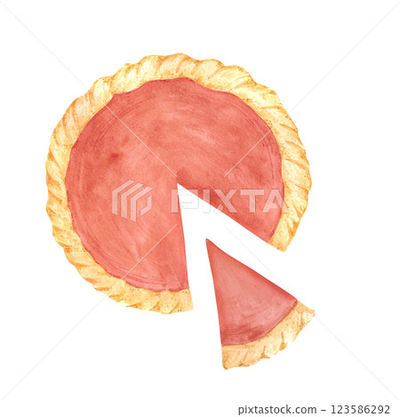 Hand drawn watercolor pumpkin pie. Illustration of food isolated on white background. Can be used for postcard, label, scrapbook and other printed products. Hand drawn watercolor pumpkin pie. Illustration of food isolated on white background. Can be used for postcard, label, scrapbook and other printed products. 123586292