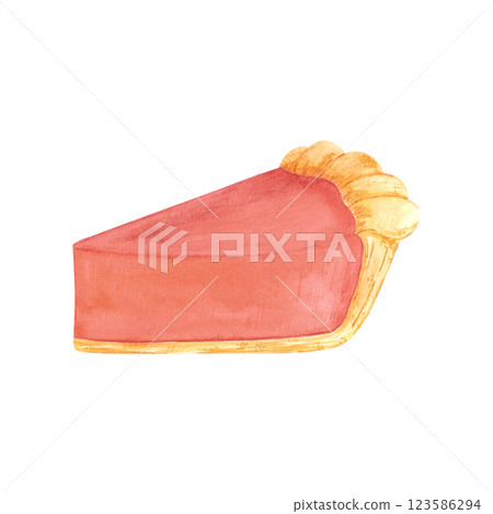 Hand drawn watercolor pumpkin pie. Illustration of food isolated on white background. Can be used for postcard, label, scrapbook and other printed products. Hand drawn watercolor pumpkin pie. Illustration of food isolated on white background. Can be used for postcard, label, scrapbook and other printed products. 123586294