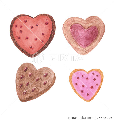 Hand drawn watercolor heart chocolate cookies. Illustration of food isolated on white background. Can be used for postcard, label, scrapbook and other printed products. 123586296