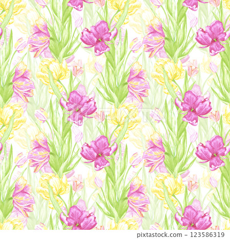 Hand drawn watercolor pink and yellow tulips with green leaves seamless pattern. Illustration isolated on white background. Can be used for textile, fabric, wrapping and other printed products. 123586319